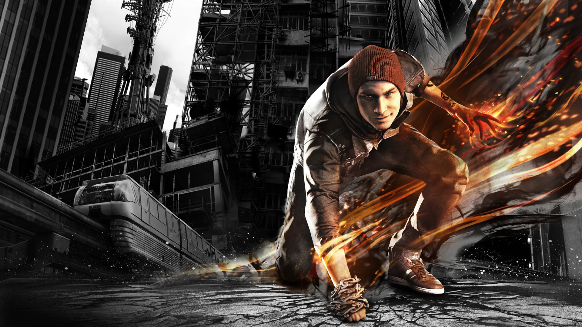Delsin Rowe surrounded by smoke and embers in Seattle, in official inFAMOUS Second Son artwork